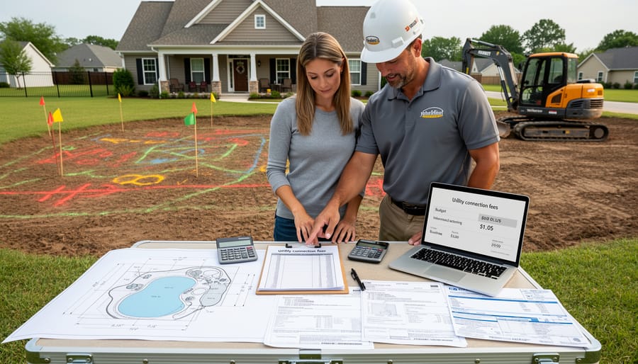Homeowner planning pond project with calculator and notes at excavation site