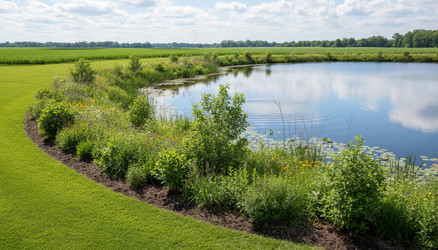 Native plants and grasses forming protective buffer zone along pond edge