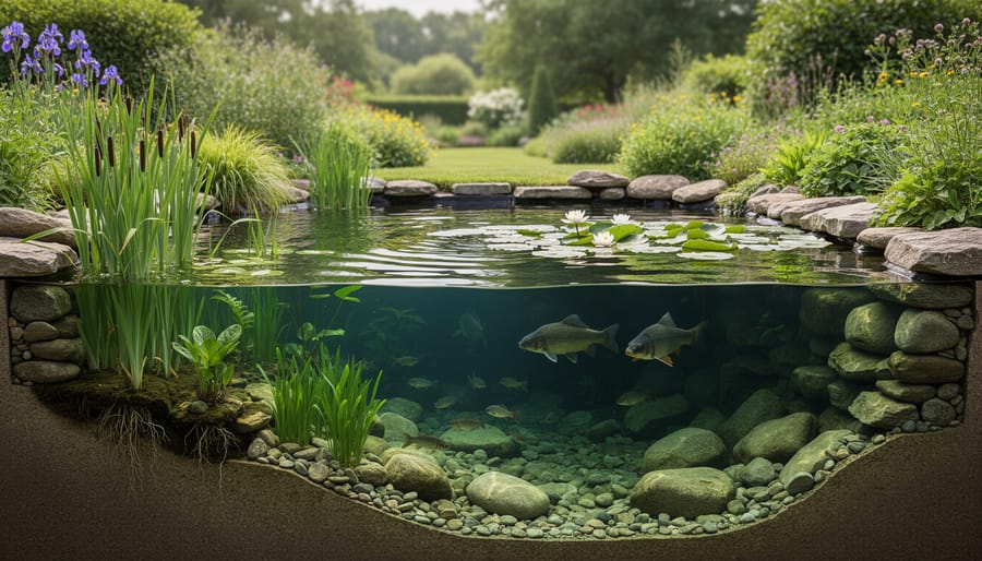 Wildlife pond showing shallow shelf zones and deeper areas with marginal planting