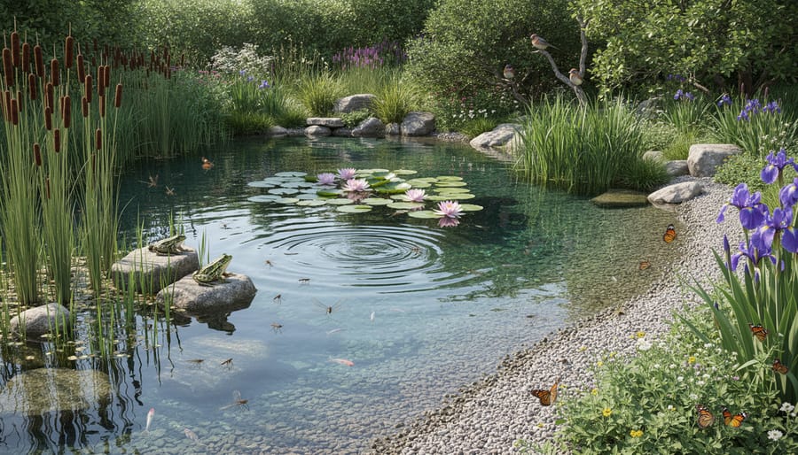 Overhead view of biodiverse garden pond showing floating plants, submerged vegetation, and shallow rocky edges