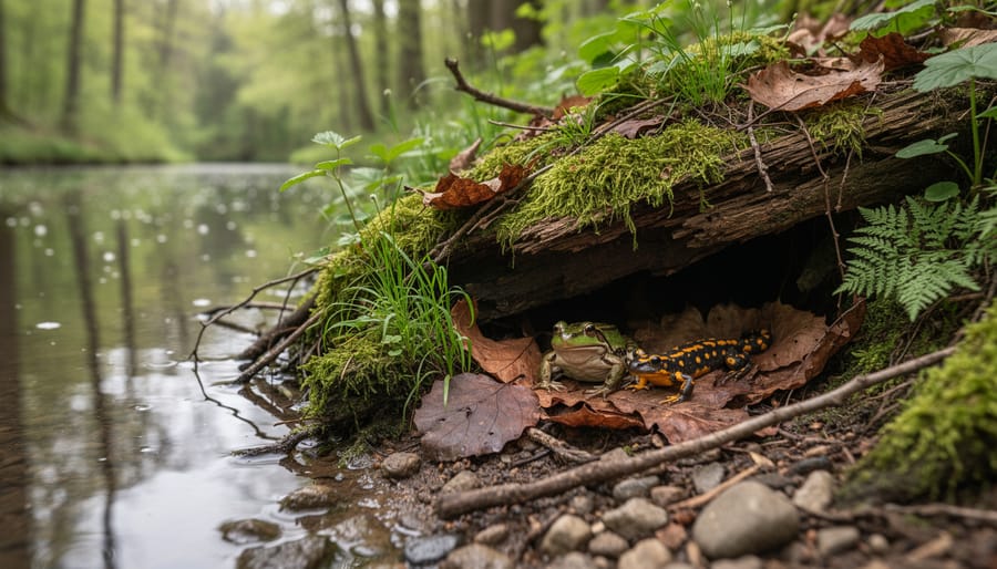 Natural log pile and rock shelter area beside garden pond with native plants