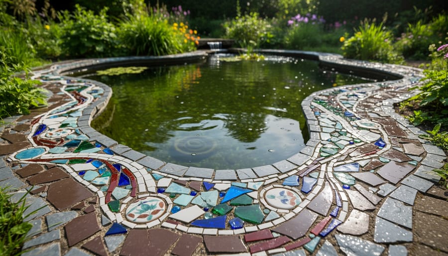 Colorful mosaic tile pattern with fish design on pond border