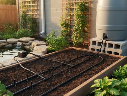 Medium-wide view of a backyard raised bed with drip emitters along the soil, tubing connected to a small garden pond with a pump, and a 55-gallon rain barrel on cinder blocks feeding a soaker hose, in warm evening light with house downspout and trellised plants softly blurred behind.