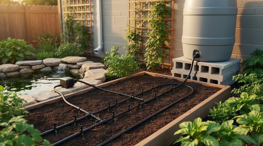 Medium-wide view of a backyard raised bed with drip emitters along the soil, tubing connected to a small garden pond with a pump, and a 55-gallon rain barrel on cinder blocks feeding a soaker hose, in warm evening light with house downspout and trellised plants softly blurred behind.