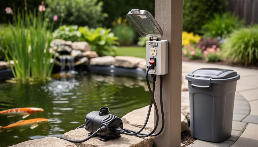 Weatherproof GFCI electrical outlet with pond equipment cord plugged in near water feature