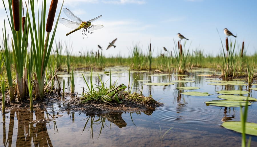 Dragonfly on cattail with frog on lily pad in shallow pond marsh area