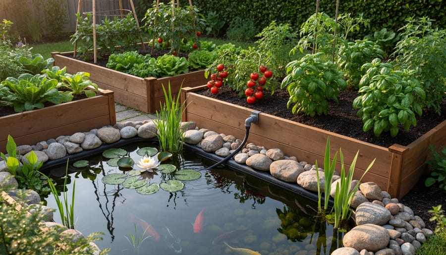 Garden pond situated next to raised bed vegetable garden showing integrated water system