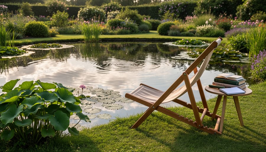Wooden Adirondack chair positioned beside pond with water lilies
