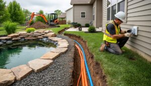 Backyard water garden under construction with stone edging, an open trench carrying orange electrical conduit and a blue water line toward a house, while an electrician in safety gear installs a weatherproof outdoor outlet; lawn and compact excavator in the background.