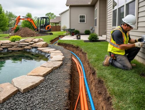Backyard water garden under construction with stone edging, an open trench carrying orange electrical conduit and a blue water line toward a house, while an electrician in safety gear installs a weatherproof outdoor outlet; lawn and compact excavator in the background.
