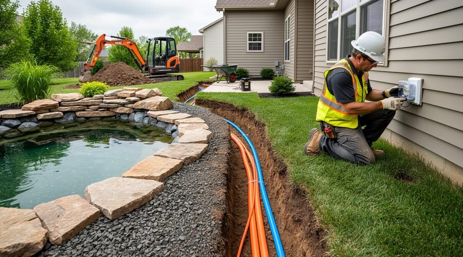 Backyard water garden under construction with stone edging, an open trench carrying orange electrical conduit and a blue water line toward a house, while an electrician in safety gear installs a weatherproof outdoor outlet; lawn and compact excavator in the background.