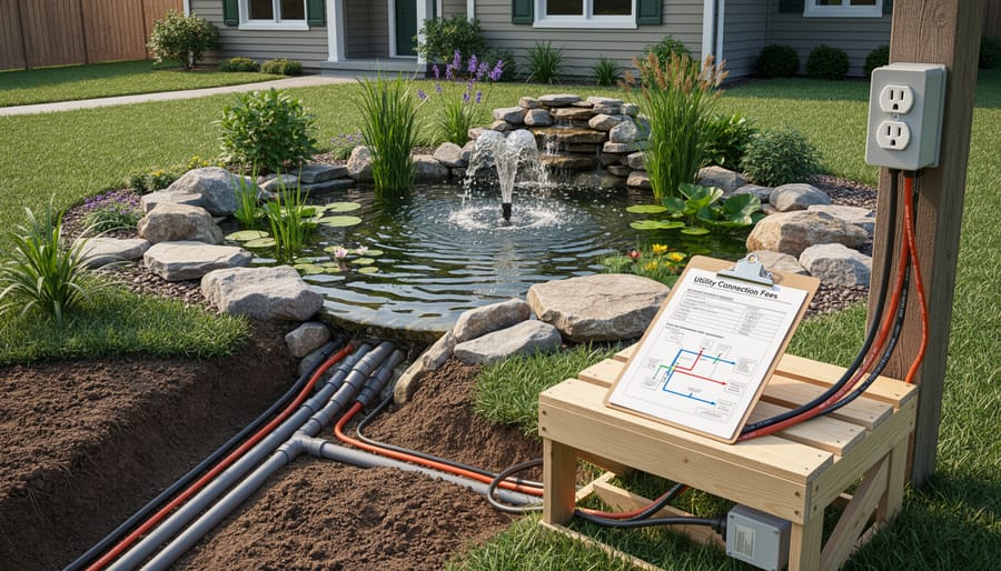 Backyard pond with visible utility connections including electrical conduit and water supply lines