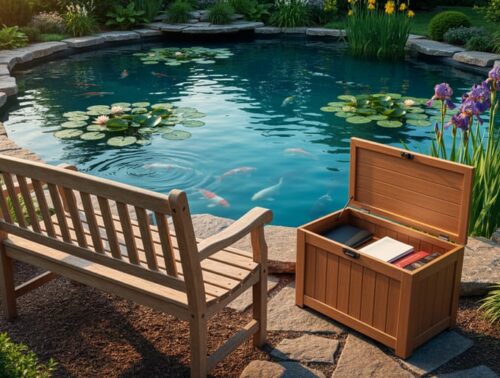 Weatherproof wooden bench and small storage chest with open lid holding books and a waterproof notebook, facing a backyard pond with lily pads, koi ripples, stone edging, and blooming irises in warm golden hour light.