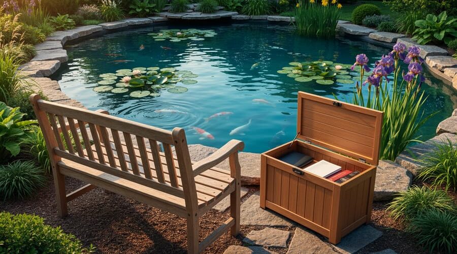 Weatherproof wooden bench and small storage chest with open lid holding books and a waterproof notebook, facing a backyard pond with lily pads, koi ripples, stone edging, and blooming irises in warm golden hour light.