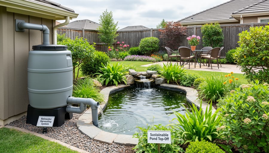 Blue rain barrel positioned under gutter downspout in residential garden