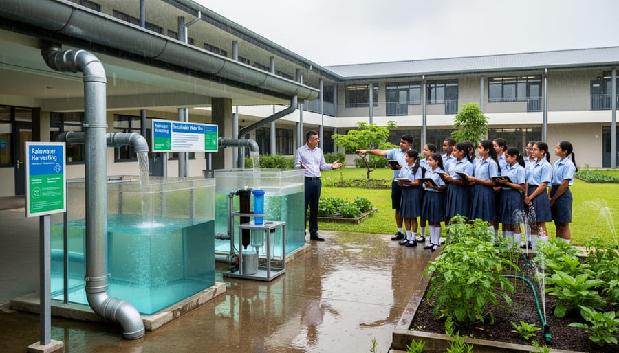 Rain barrel water collection system connected to school water garden pond