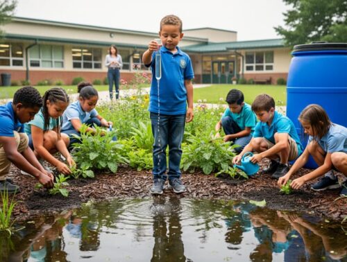 Students measure water at a small school rain garden beside a rain barrel, surrounded by native plants and a shallow pond, with a school building and supervising teacher softly blurred in the background.