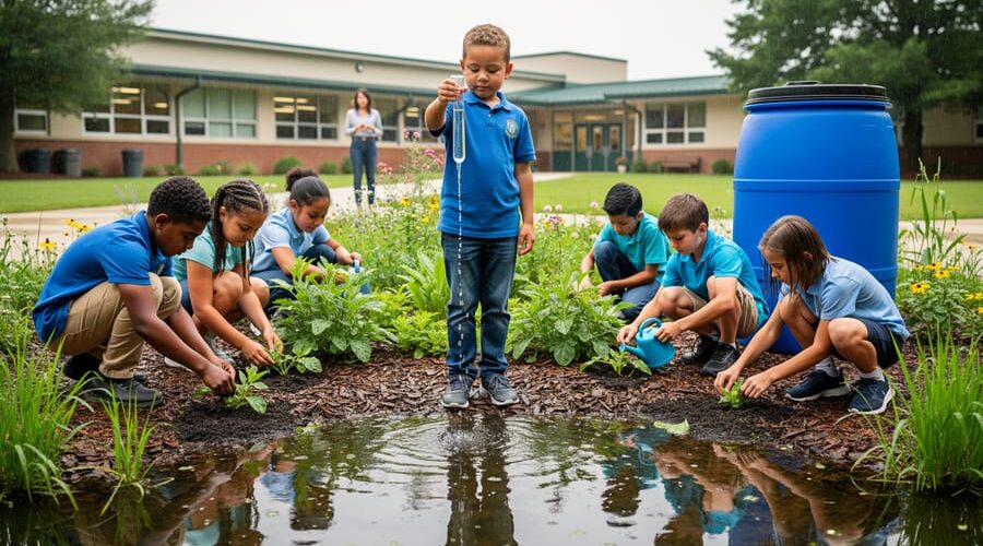 Students measure water at a small school rain garden beside a rain barrel, surrounded by native plants and a shallow pond, with a school building and supervising teacher softly blurred in the background.