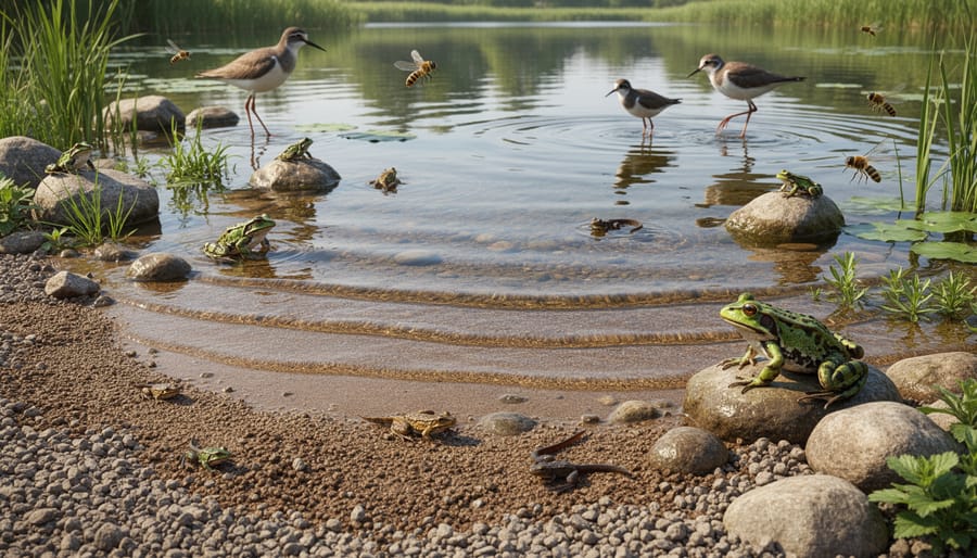 Gentle sloping pond edge with rocks and marginal plants creating accessible wildlife zones