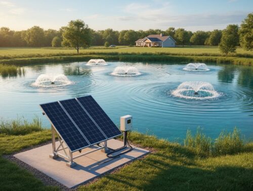 Shore-mounted solar panels power multiple diffuser plumes bubbling across a large rural pond at golden hour, with trees and a farmhouse softly in the background.