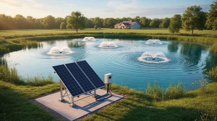Shore-mounted solar panels power multiple diffuser plumes bubbling across a large rural pond at golden hour, with trees and a farmhouse softly in the background.