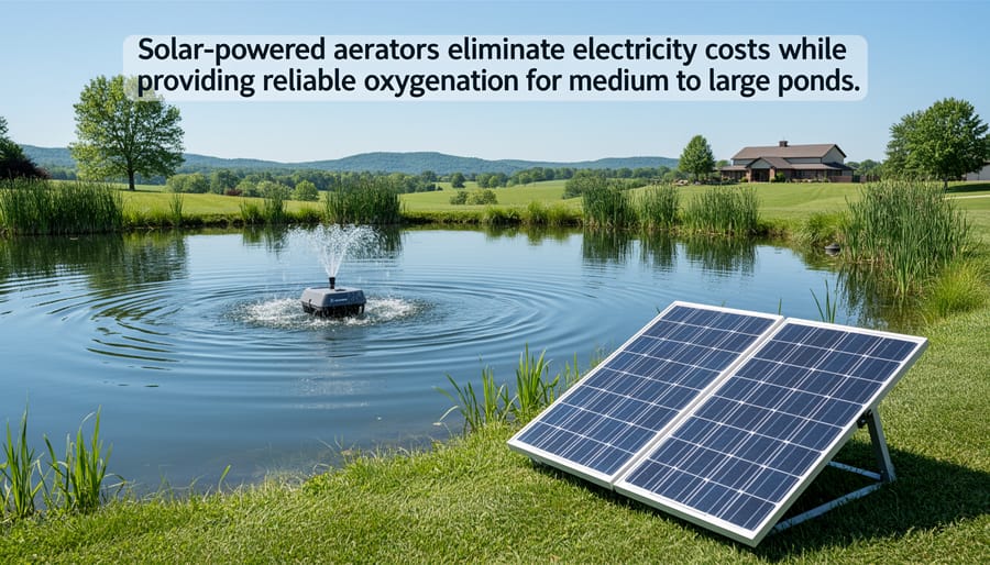 Solar panel aerator system mounted beside pond with airline tubing entering water