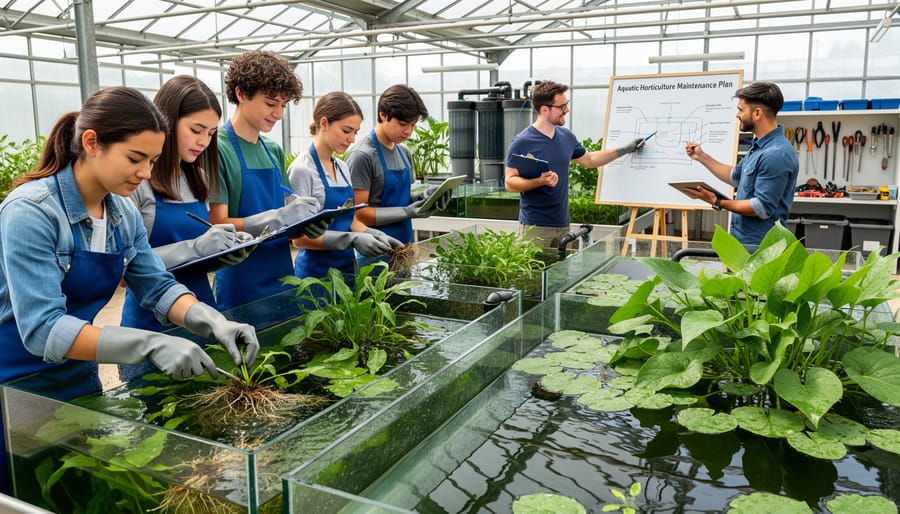 University students planting and maintaining aquatic vegetation in campus water garden