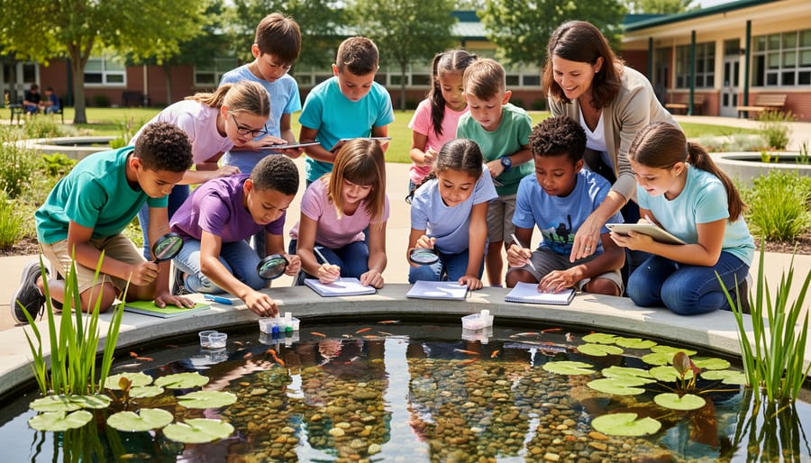 Elementary school students examining plants and water in outdoor school pond garden