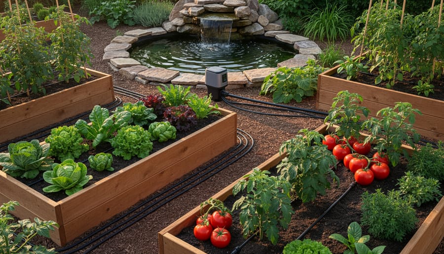 Healthy vegetable plants with water droplets showing successful drip irrigation in raised bed