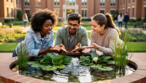 Three university students examine water lilies and native aquatic plants in a raised container pond with a small bubbler, with brick campus buildings softly blurred in the background.