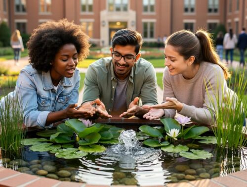 Three university students examine water lilies and native aquatic plants in a raised container pond with a small bubbler, with brick campus buildings softly blurred in the background.