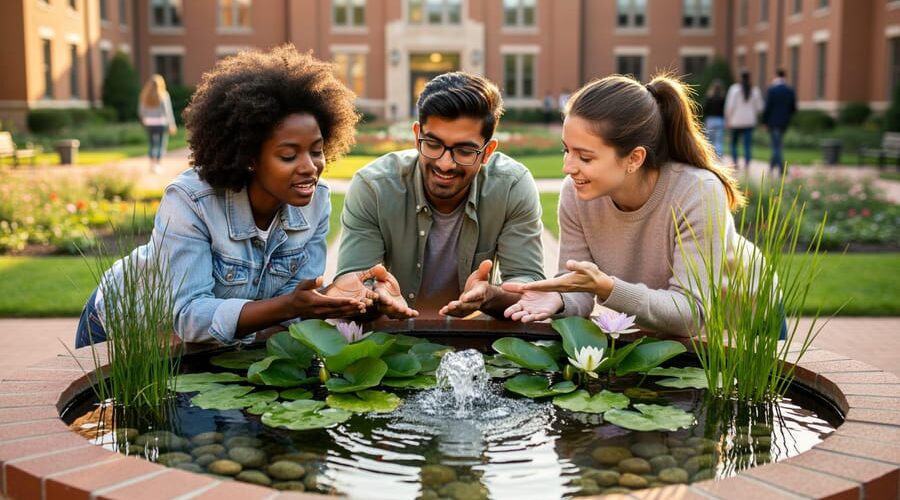 Three university students examine water lilies and native aquatic plants in a raised container pond with a small bubbler, with brick campus buildings softly blurred in the background.