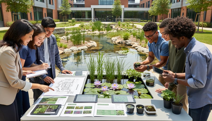 Group of university students and faculty examining water plants around campus pond