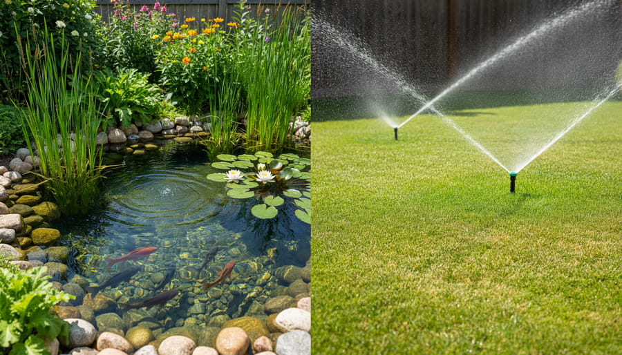 Backyard koi pond with water lilies, lotus plants, and swimming koi fish