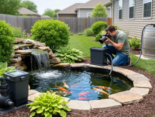 Backyard koi pond with visible recirculating pump and filter, small waterfall, and a rain barrel connected to a downspout with a hose leading to the pond; a homeowner kneels to photograph the pump, with a suburban garden and house softly blurred in the background.