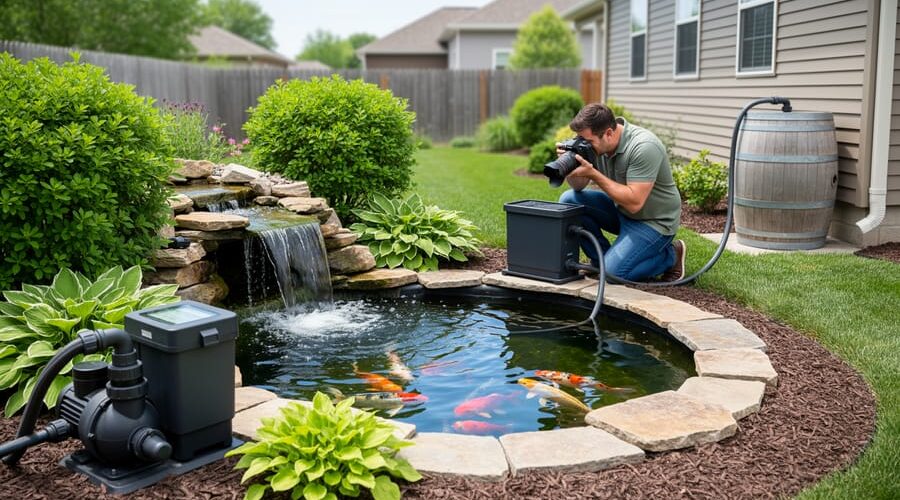 Backyard koi pond with visible recirculating pump and filter, small waterfall, and a rain barrel connected to a downspout with a hose leading to the pond; a homeowner kneels to photograph the pump, with a suburban garden and house softly blurred in the background.
