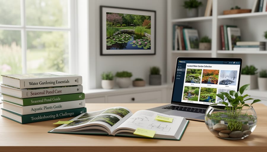 Stack of water gardening books and magazines on outdoor table near pond