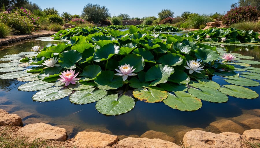 Pink water lily bloom with lily pads covering pond surface for shade