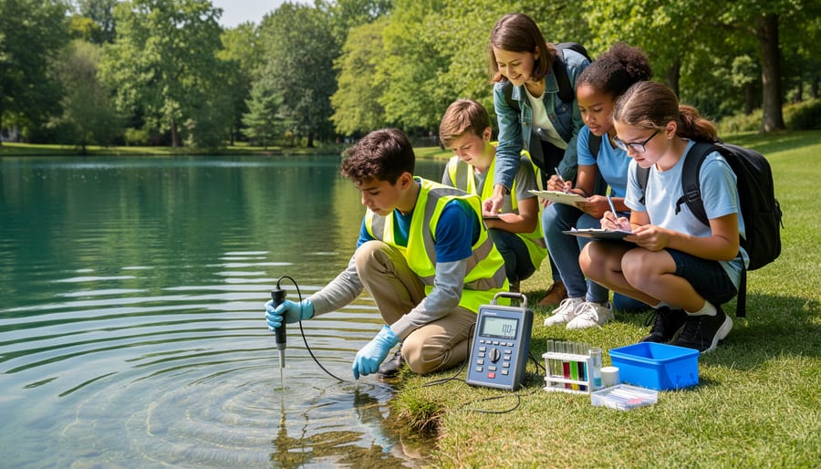 Student hands using water quality testing meter in school pond