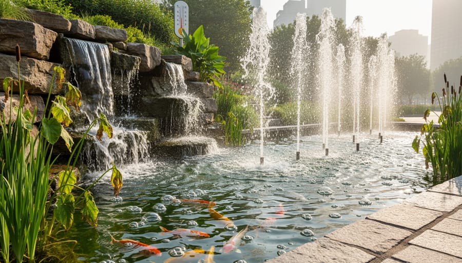 Pond waterfall feature creating oxygen-rich water circulation