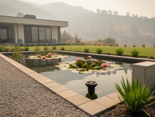 Backyard pond with water lilies and lotus, stone pavers and gravel perimeter, wide access path to the water’s edge, skimmer intake visible, subtle ash falling in smoky daylight, house and hills softly blurred in the background, metal equipment box near the path.