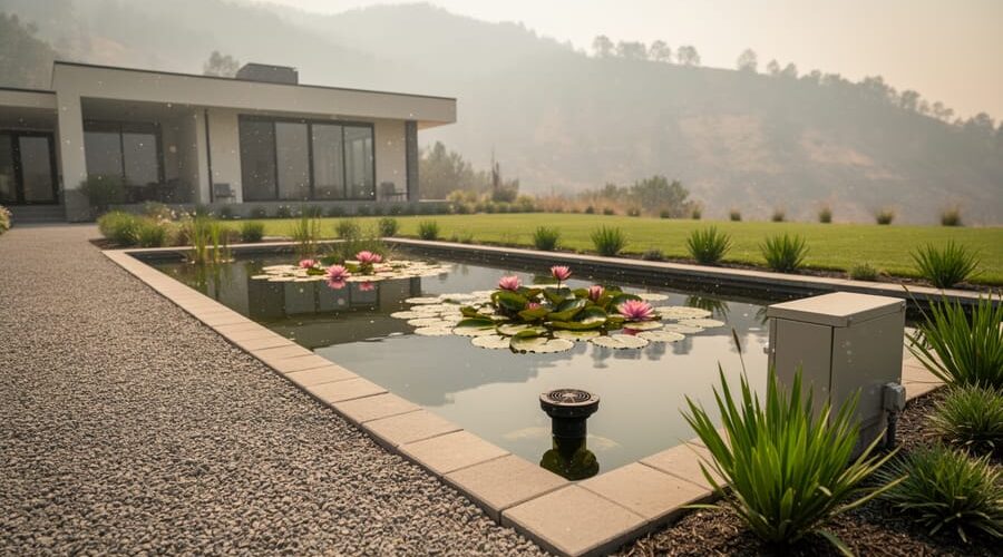 Backyard pond with water lilies and lotus, stone pavers and gravel perimeter, wide access path to the water’s edge, skimmer intake visible, subtle ash falling in smoky daylight, house and hills softly blurred in the background, metal equipment box near the path.