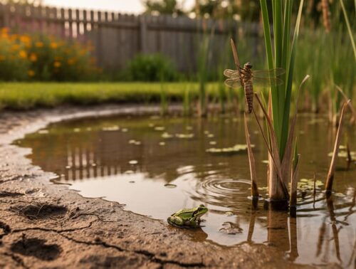 Backyard wildlife pond with a receded waterline showing exposed muddy shore, a small green frog at the edge, shallow water with reeds and cattails, and a dragonfly exuvia on a stalk at golden hour; softly blurred wildflowers and a simple wooden fence in the background.