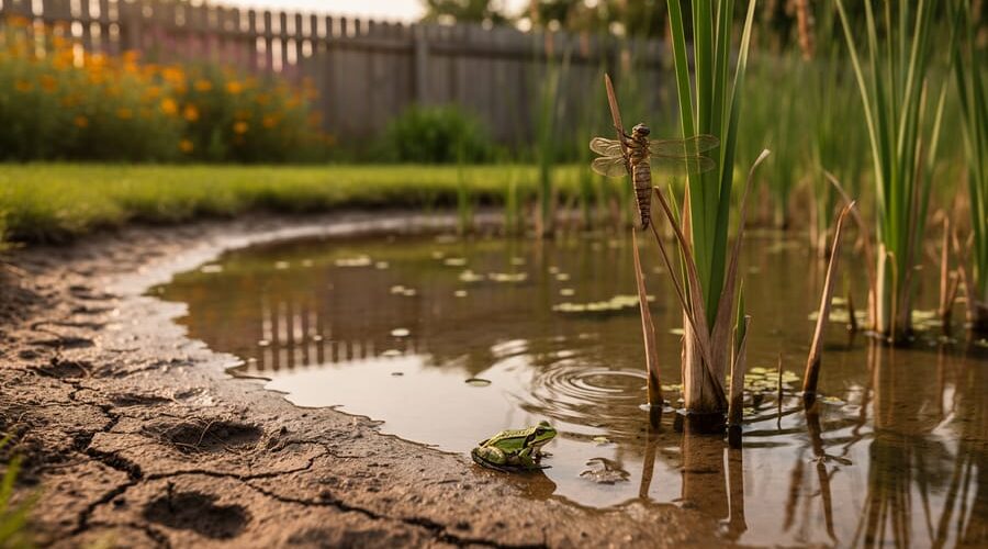 Backyard wildlife pond with a receded waterline showing exposed muddy shore, a small green frog at the edge, shallow water with reeds and cattails, and a dragonfly exuvia on a stalk at golden hour; softly blurred wildflowers and a simple wooden fence in the background.