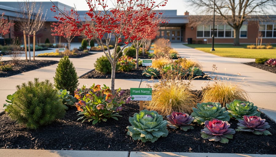 University water garden in winter showing ornamental grasses and structural plants with light snow