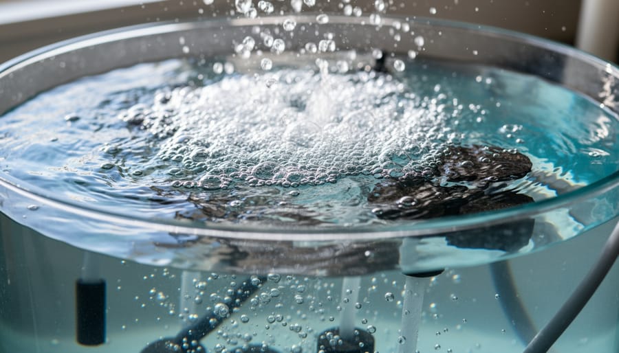 Macro close-up of an air stone bubbling oxygen into clear deep water culture solution with plant roots visible.