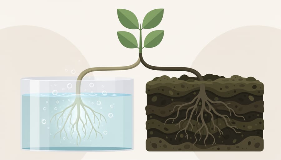Clean DWC roots in bright water in the foreground with a blurred traditional wet bog garden in the background.