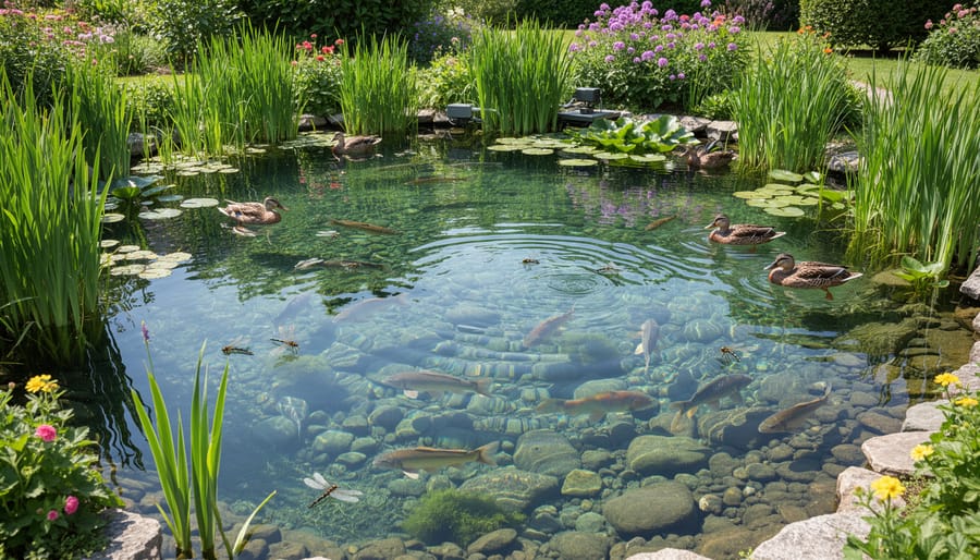 Healthy pond with clear water, koi fish, and aquatic plants showing balanced ecosystem