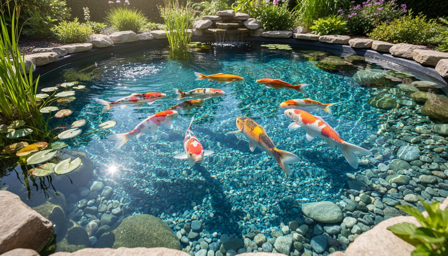 Crystal-clear pond water showing visible pebbles on bottom and goldfish swimming