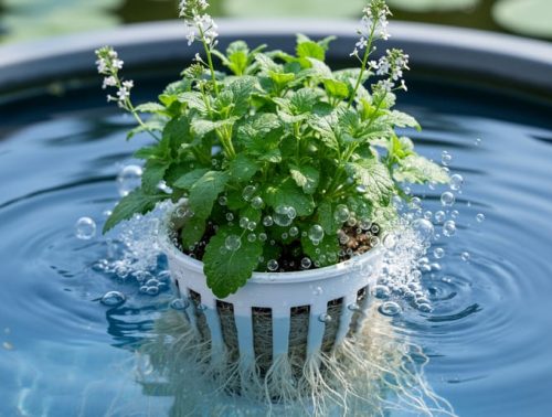 Close-up of herbs and flowering plants in a deep water culture system with roots suspended in clear oxygenated water and visible air bubbles.